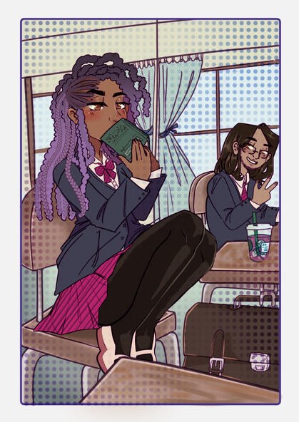Redrawing of a manga panel from Komi Can't Communicate with commissioner's characters